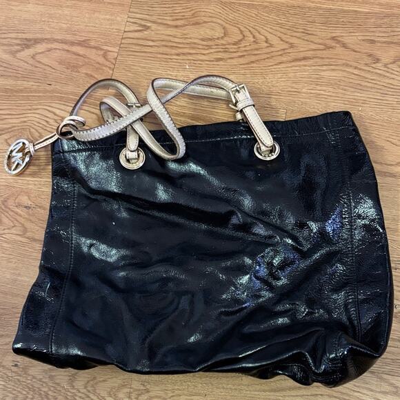 Michael Kors Handbags - Michael Kors Shiny Black Tote with Gold Handles